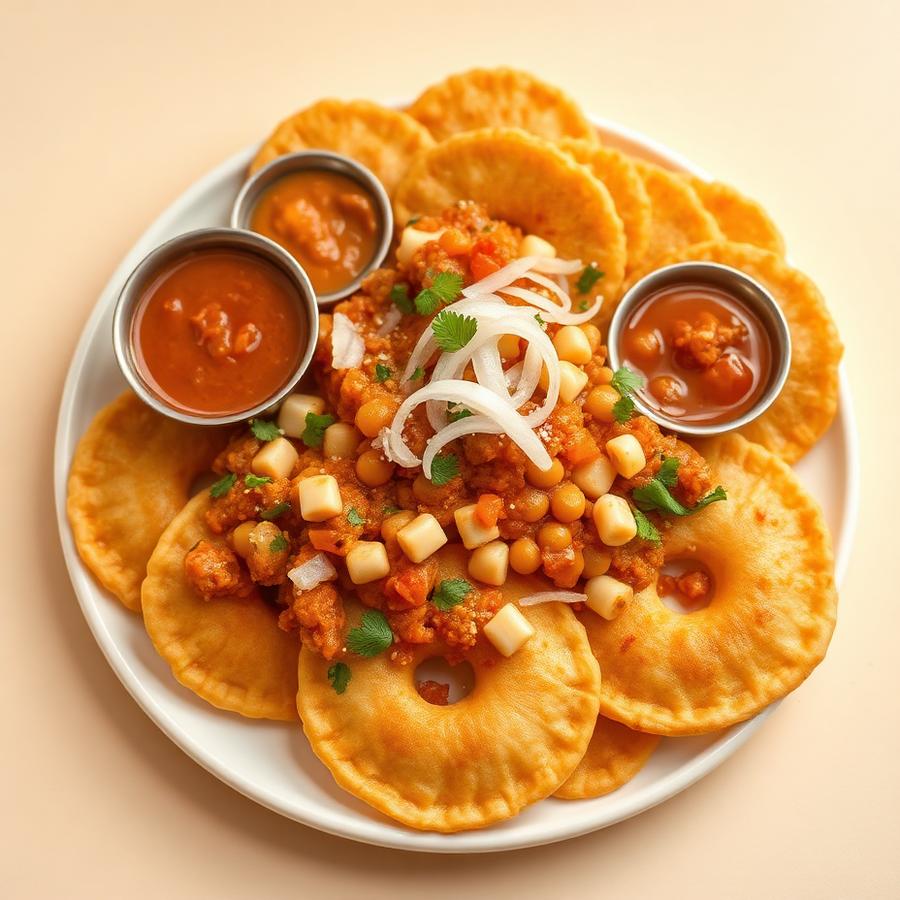 Ragda Puri — Hot, slow-cooked white pea ragda poured over crisp puris wit