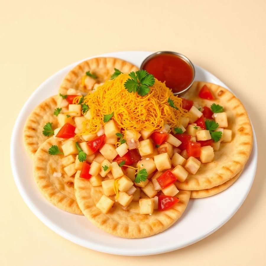 Sev Puri — Flat papdi loaded with potato, onion, tomato, three chutneys